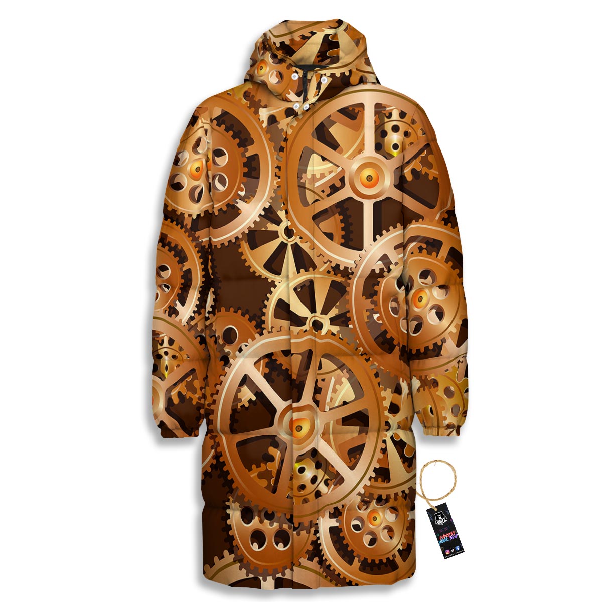 Gears And Steampunk Cogs Print Long Down Jacket-grizzshop
