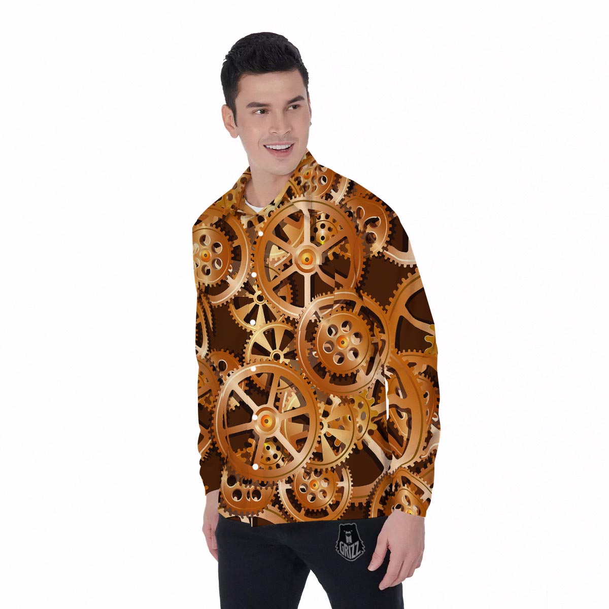 Gears And Steampunk Cogs Print Men's Long Sleeve Shirts-grizzshop