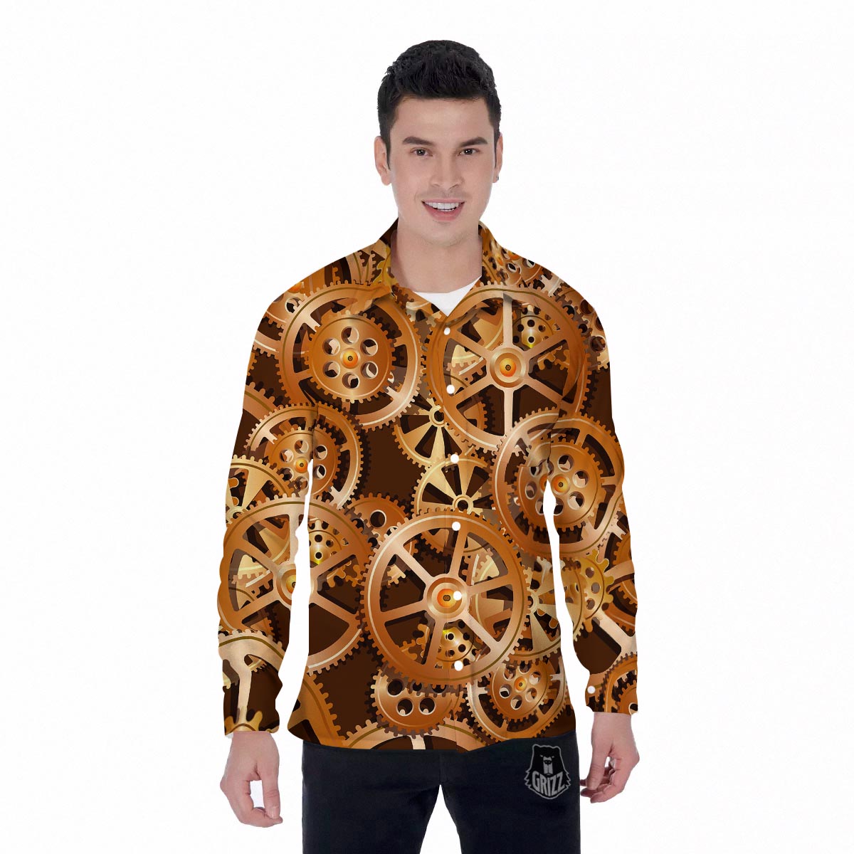 Gears And Steampunk Cogs Print Men's Long Sleeve Shirts-grizzshop