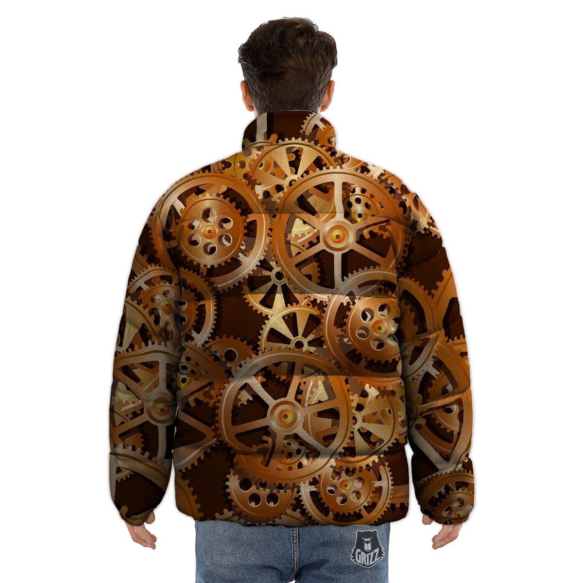 Gears And Steampunk Cogs Print Puffer Jacket-grizzshop