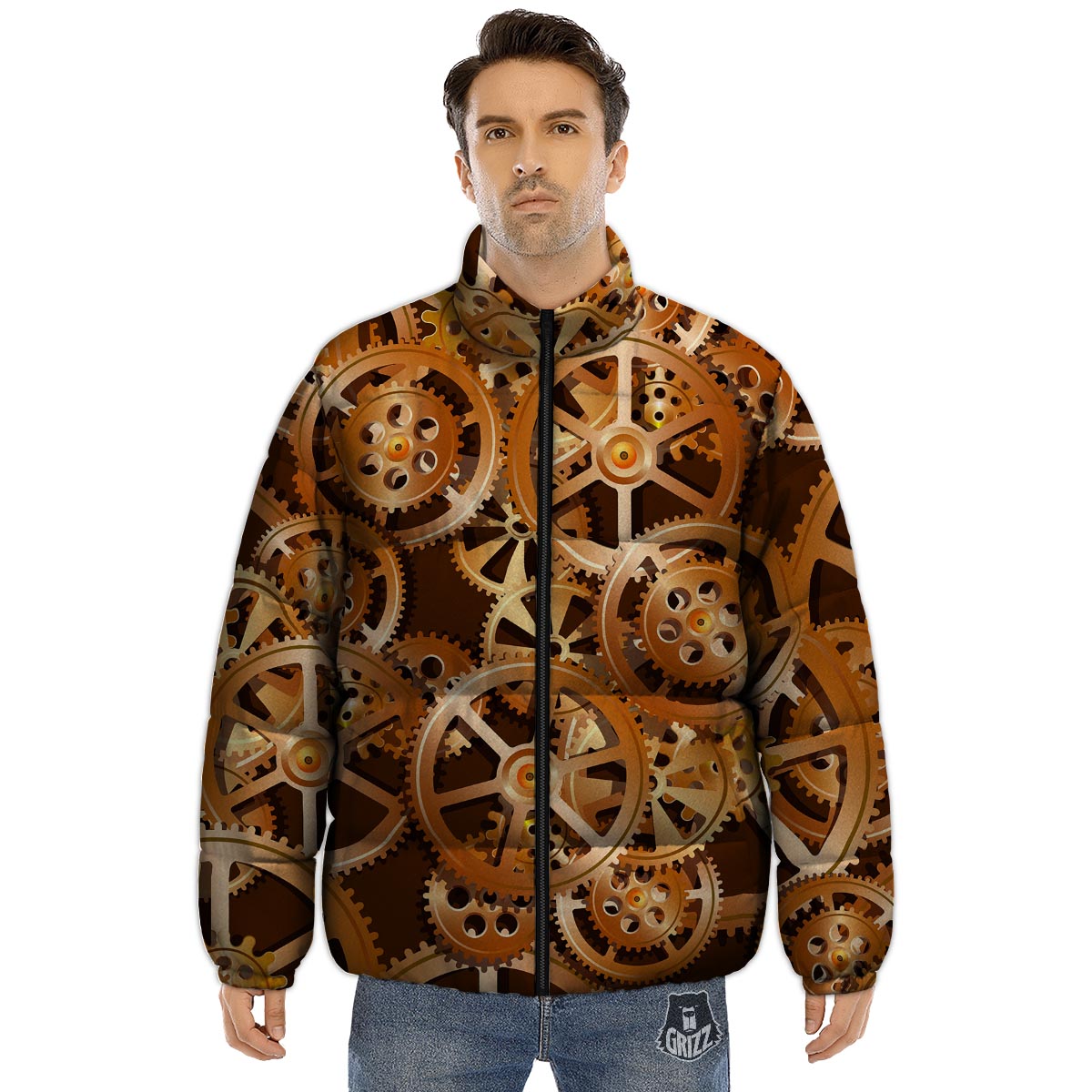 Gears And Steampunk Cogs Print Puffer Jacket-grizzshop