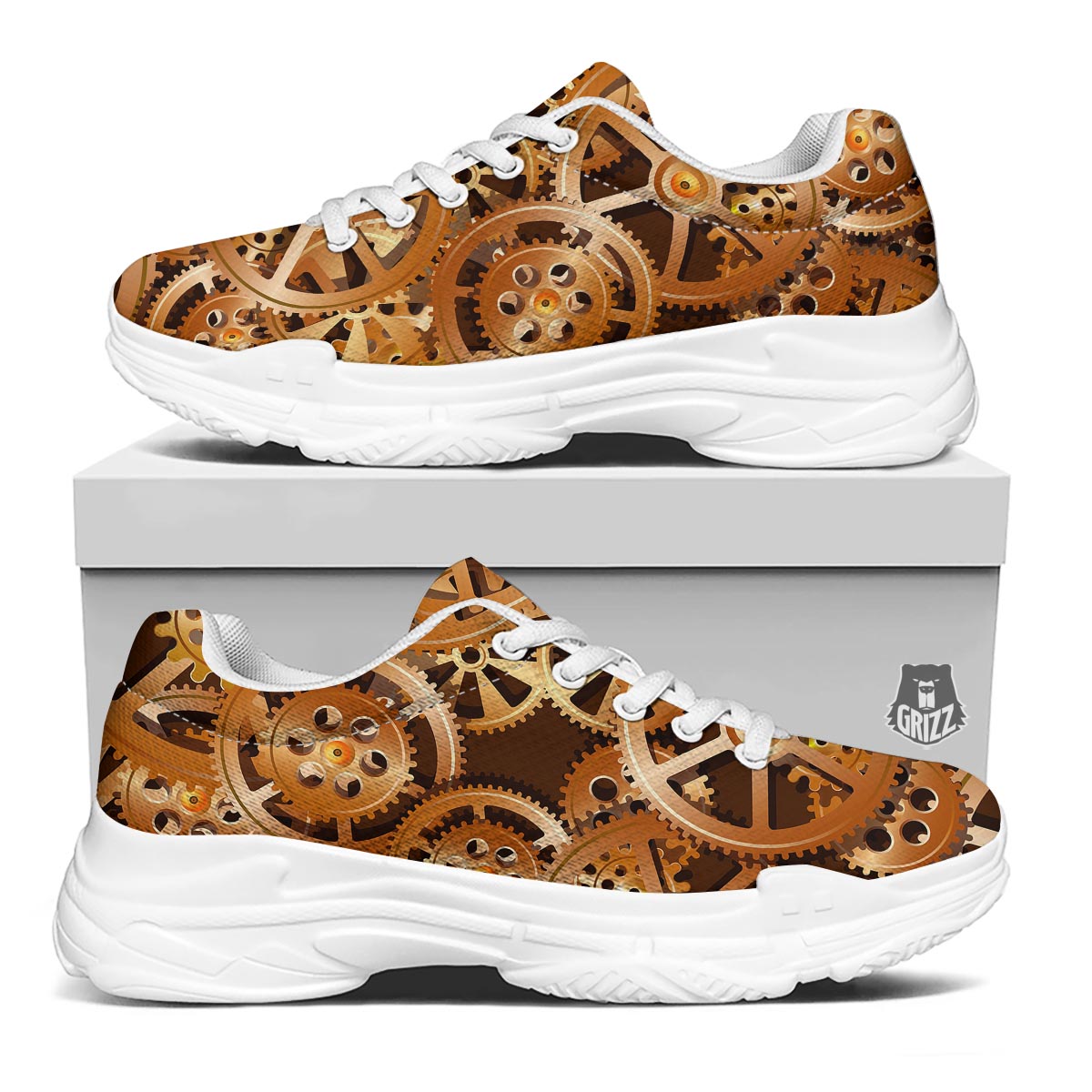 Gears And Steampunk Cogs Print White Chunky Shoes-grizzshop