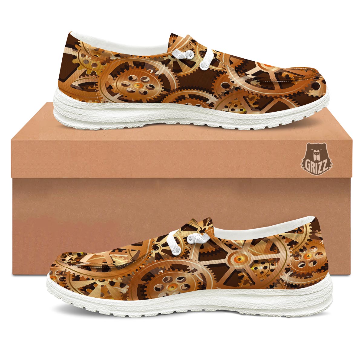 Gears And Steampunk Cogs Print White Loafers-grizzshop