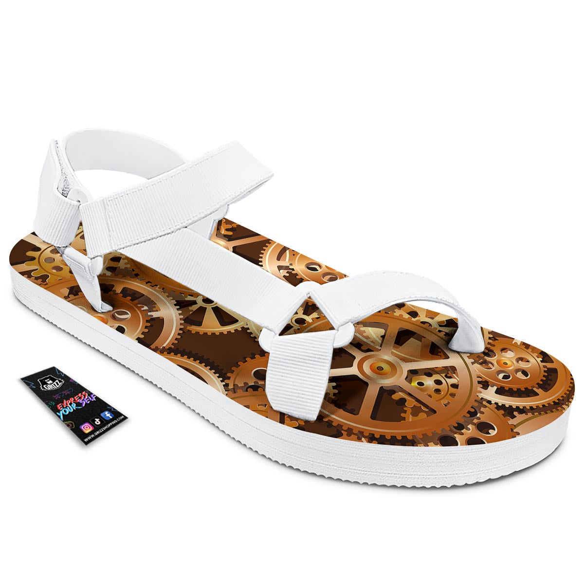 Gears And Steampunk Cogs Print White Open Toe Sandals-grizzshop