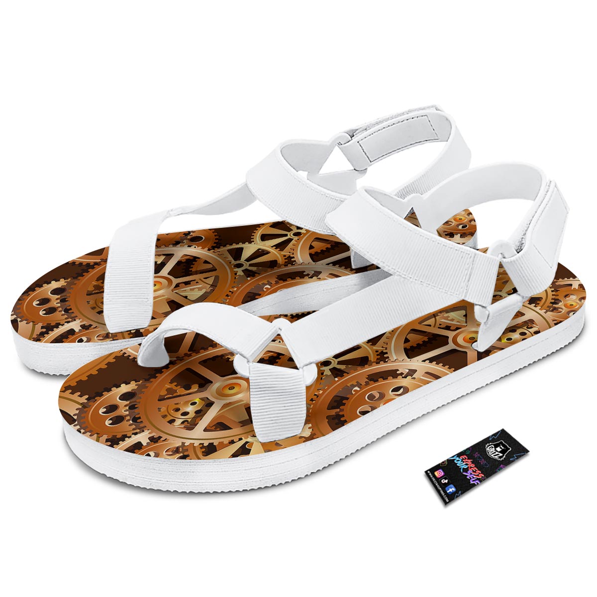 Gears And Steampunk Cogs Print White Open Toe Sandals-grizzshop