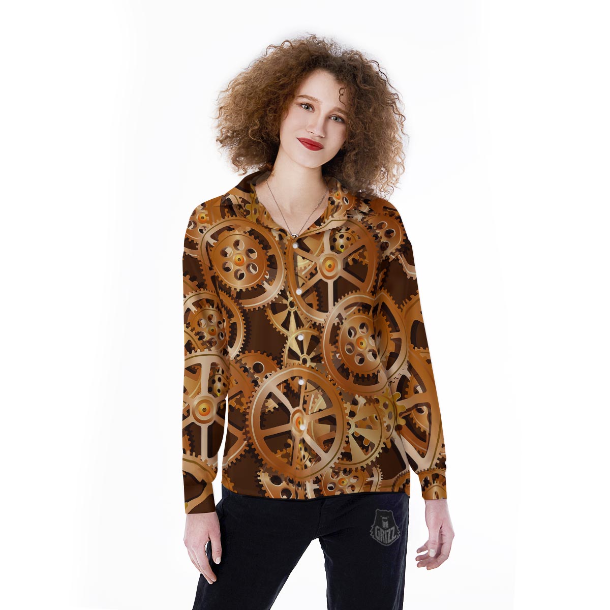 Gears And Steampunk Cogs Print Women's Long Sleeve Shirts-grizzshop