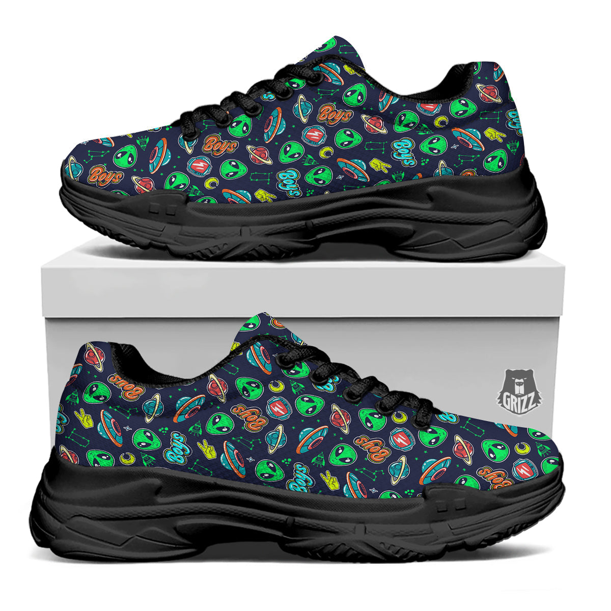 Geen Alien Ufo In Space Print Pattern Black Chunky Shoes-grizzshop