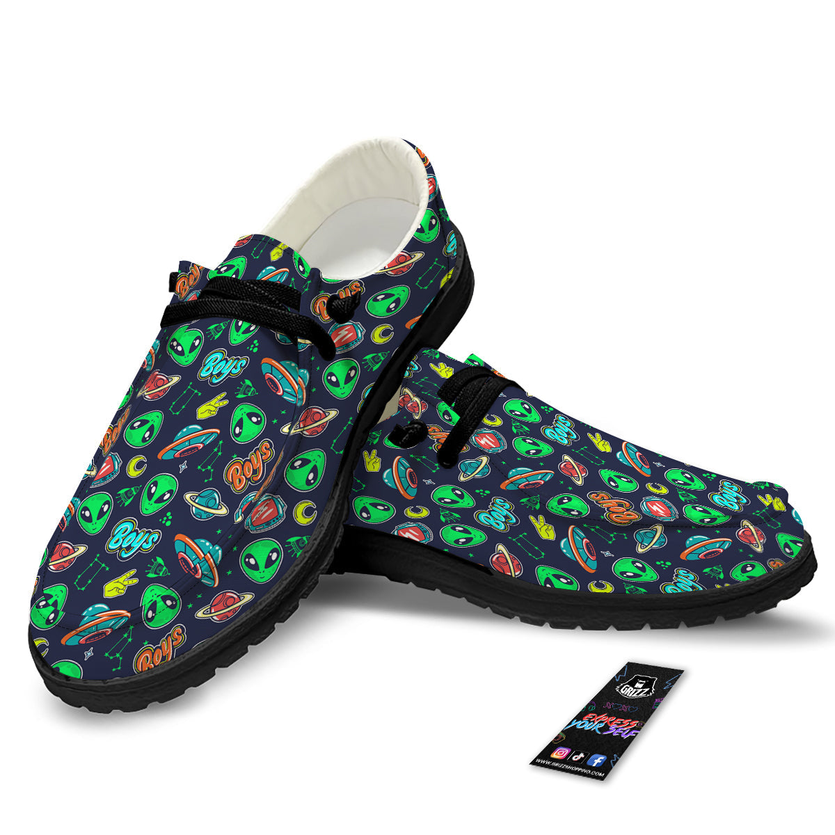 Geen Alien Ufo In Space Print Pattern Black Loafers-grizzshop