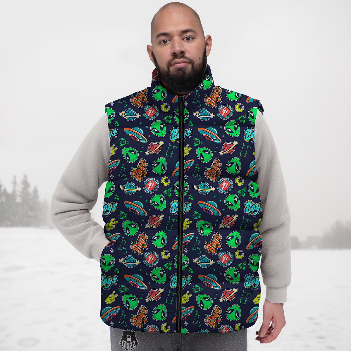 Geen Alien Ufo In Space Print Pattern Down Vest