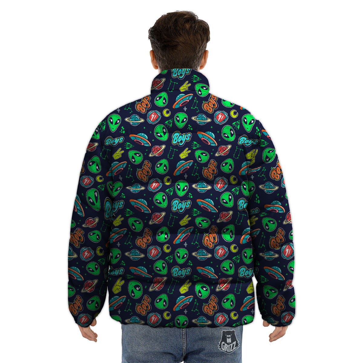 Geen Alien Ufo In Space Print Pattern Puffer Jacket-grizzshop