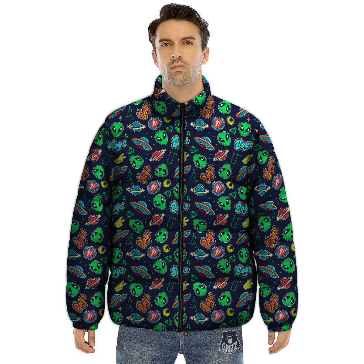 Geen Alien Ufo In Space Print Pattern Puffer Jacket-grizzshop