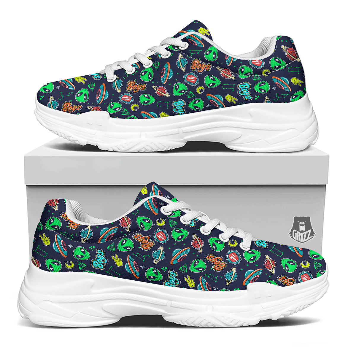 Geen Alien Ufo In Space Print Pattern White Chunky Shoes-grizzshop