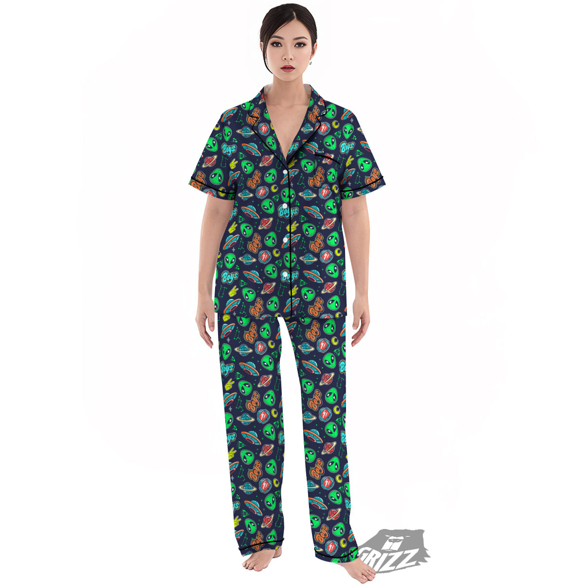 Geen Alien Ufo In Space Print Pattern Women's Pajamas Set-grizzshop