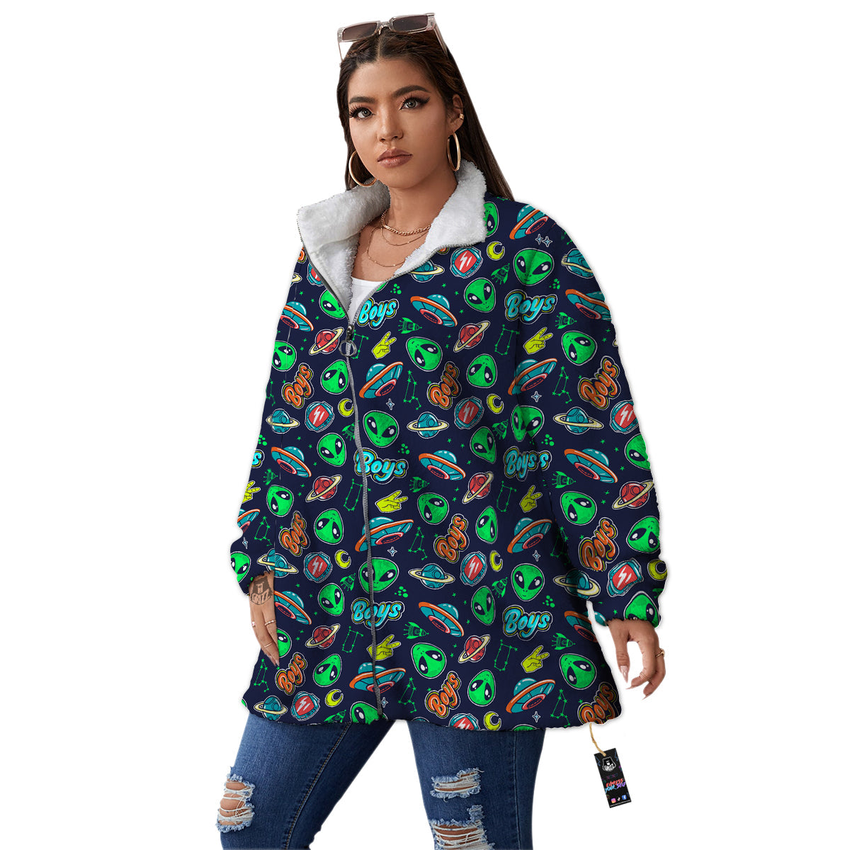 Geen Alien Ufo In Space Print Pattern Women's Sherpa Jacket-grizzshop