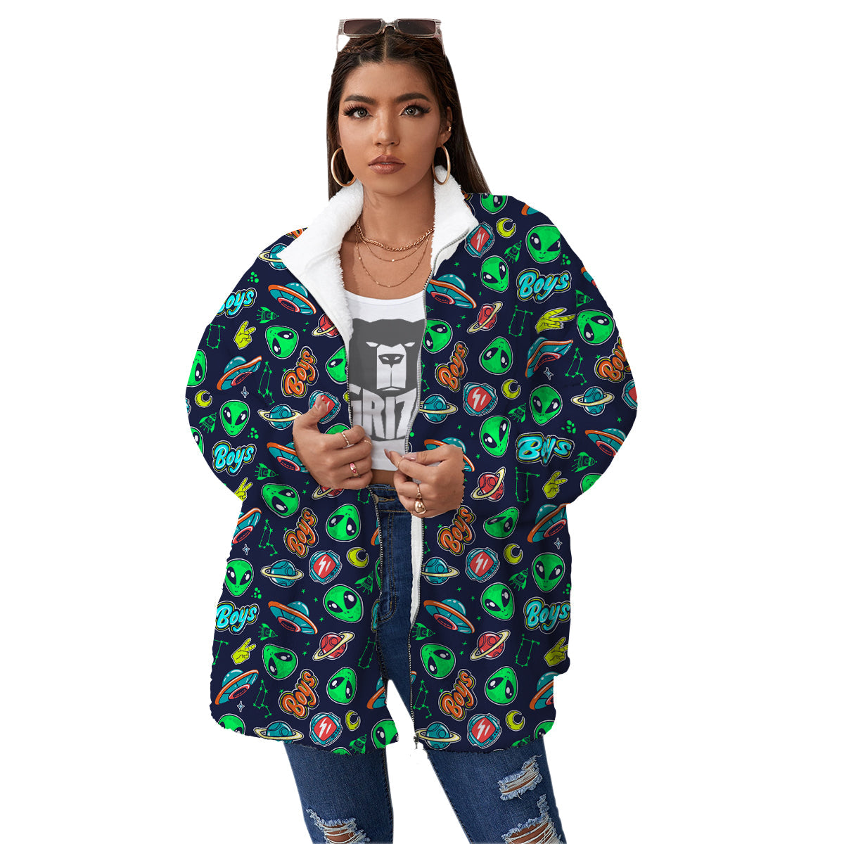 Geen Alien Ufo In Space Print Pattern Women's Sherpa Jacket-grizzshop
