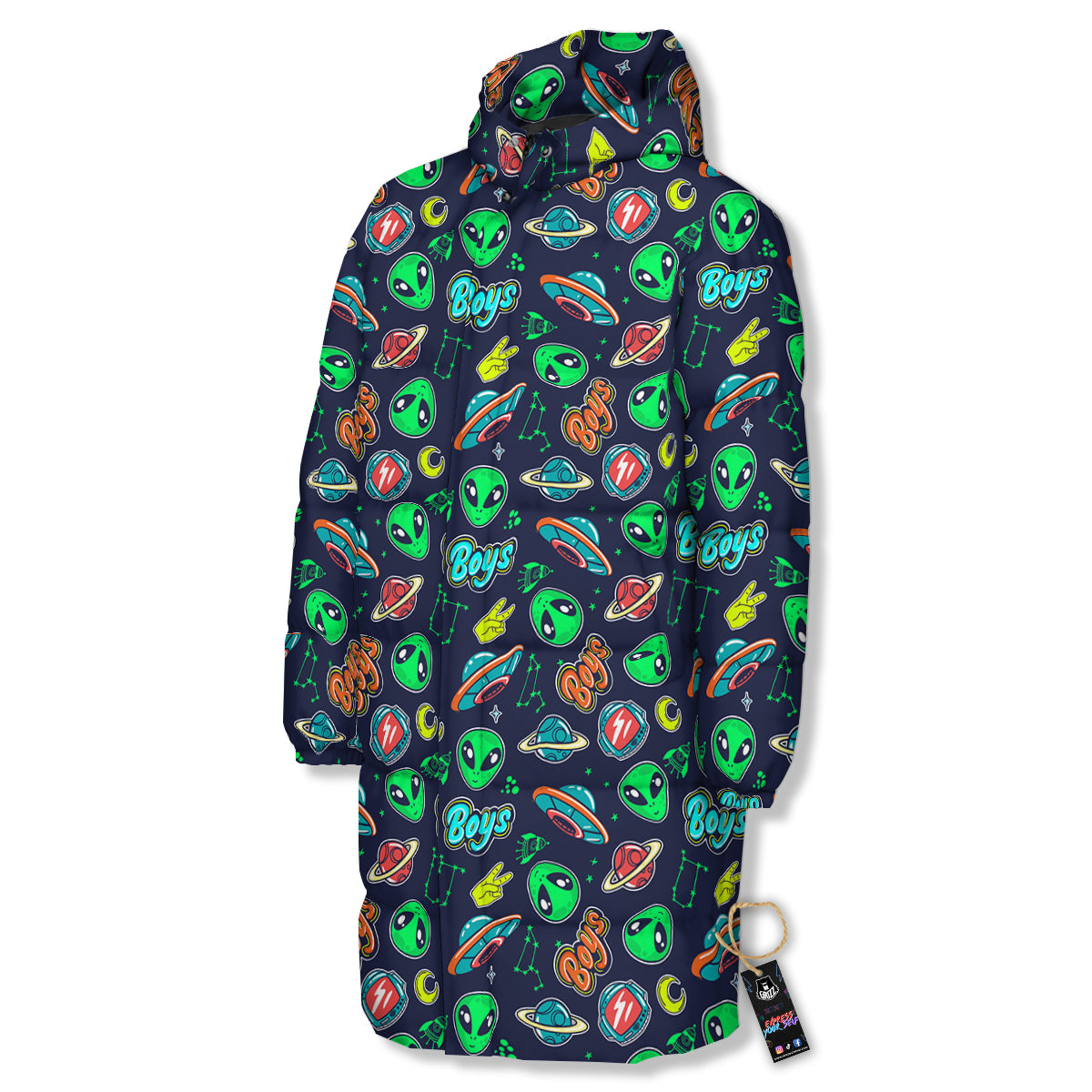 Geen Alien Ufo In Space Print Pattern Long Down Jacket
