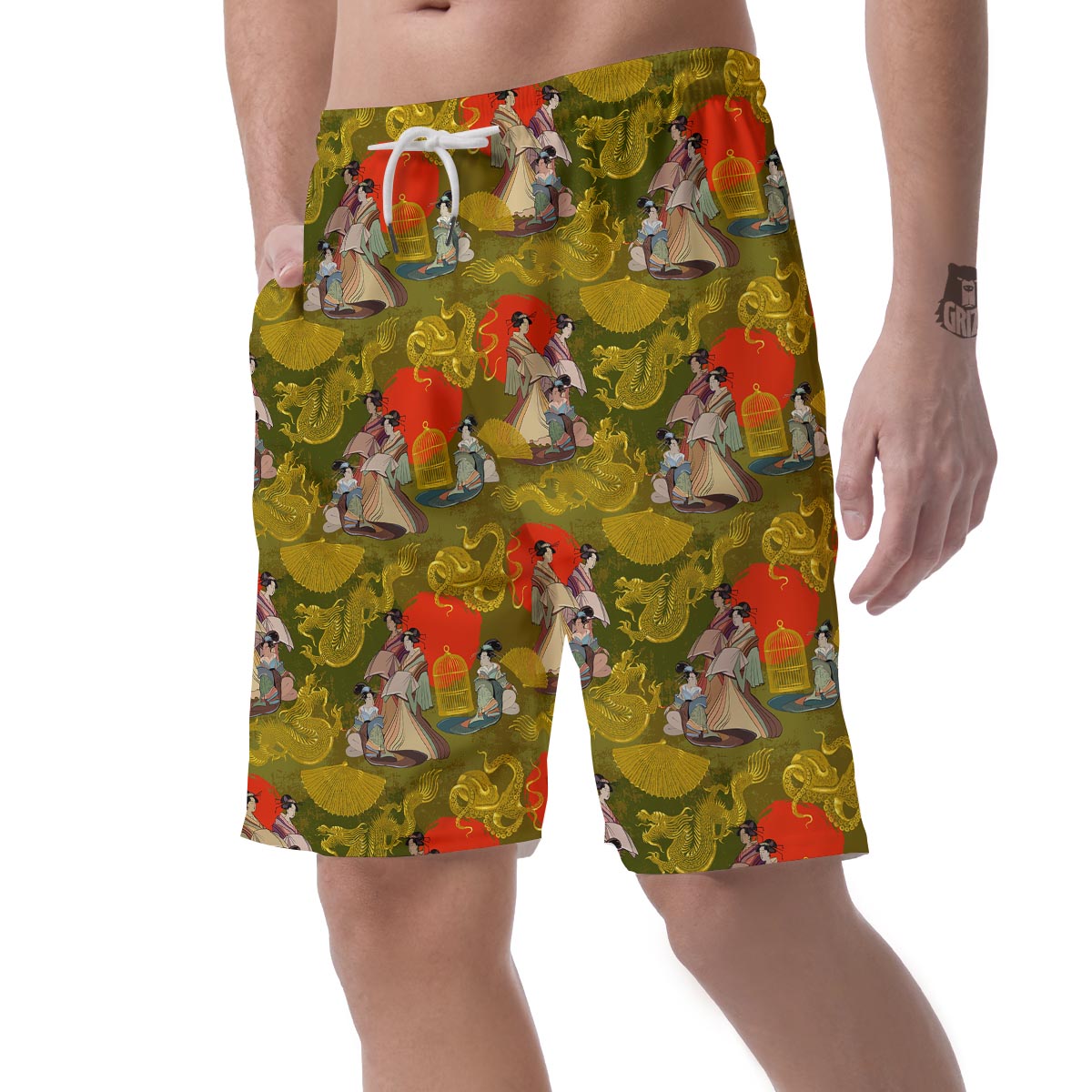 Geisha Japanese Dragon Print Men's Shorts-grizzshop