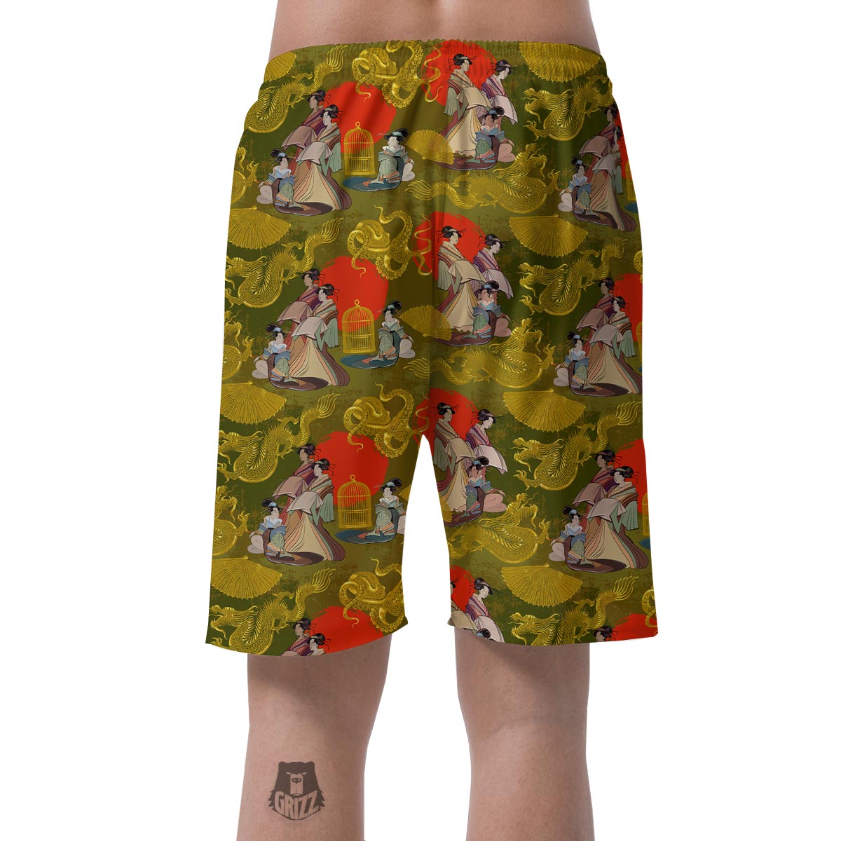 Geisha Japanese Dragon Print Men's Shorts-grizzshop