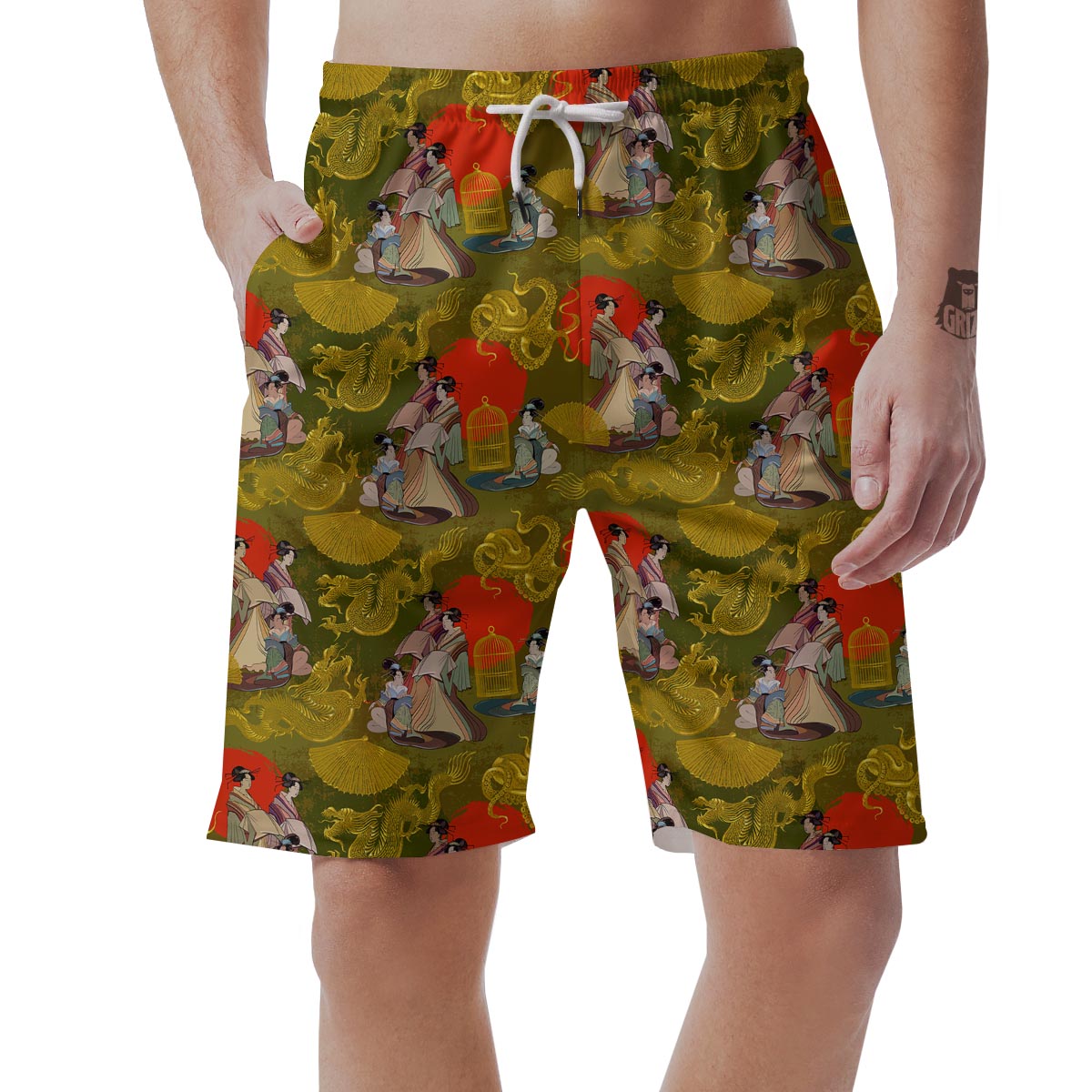 Geisha Japanese Dragon Print Men's Shorts-grizzshop