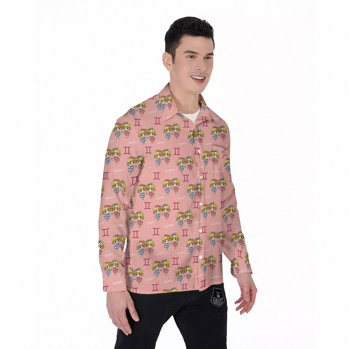 Gemini Cute Cartoon Print Pattern Men's Long Sleeve Shirts-grizzshop