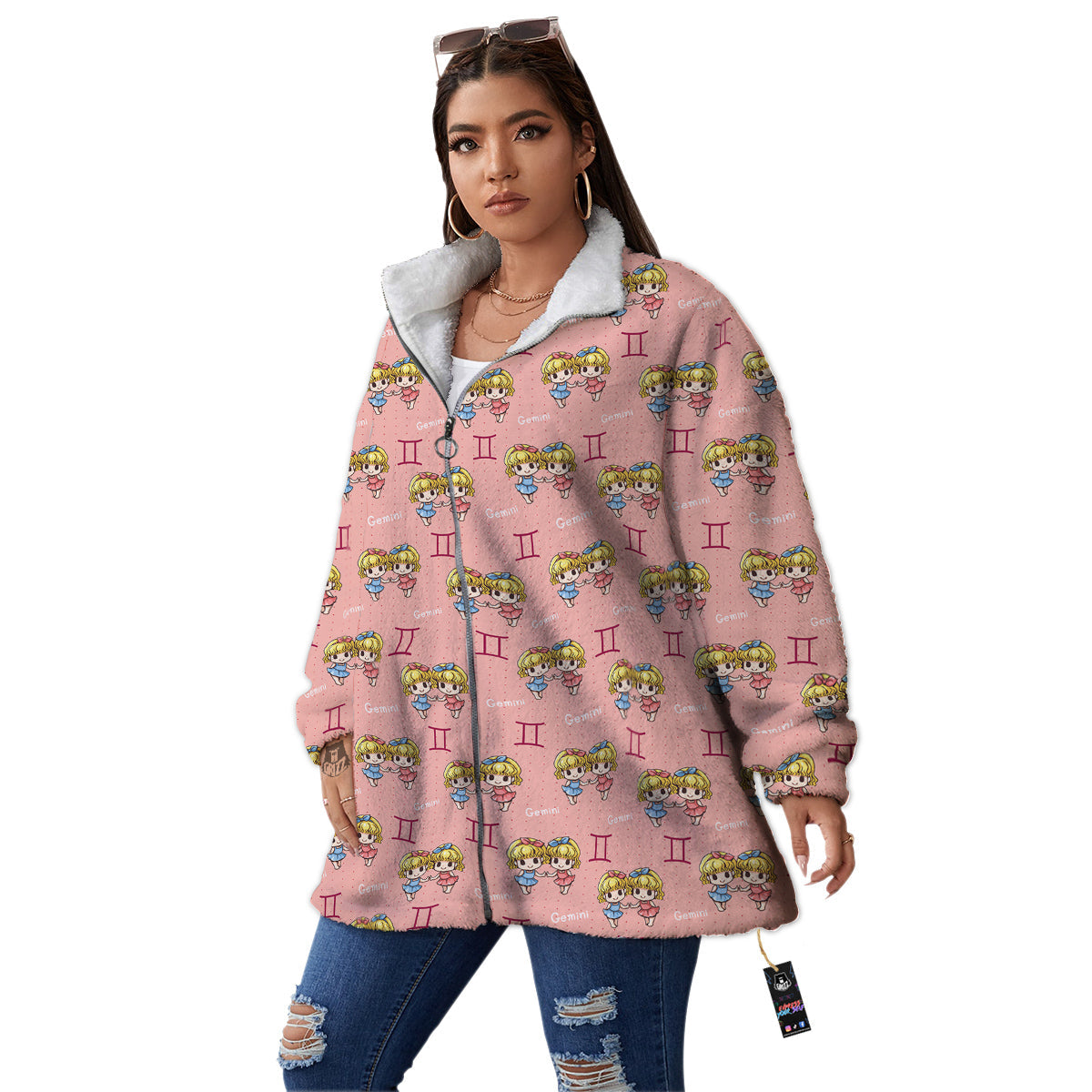 Gemini Cute Cartoon Print Pattern Women's Sherpa Jacket-grizzshop