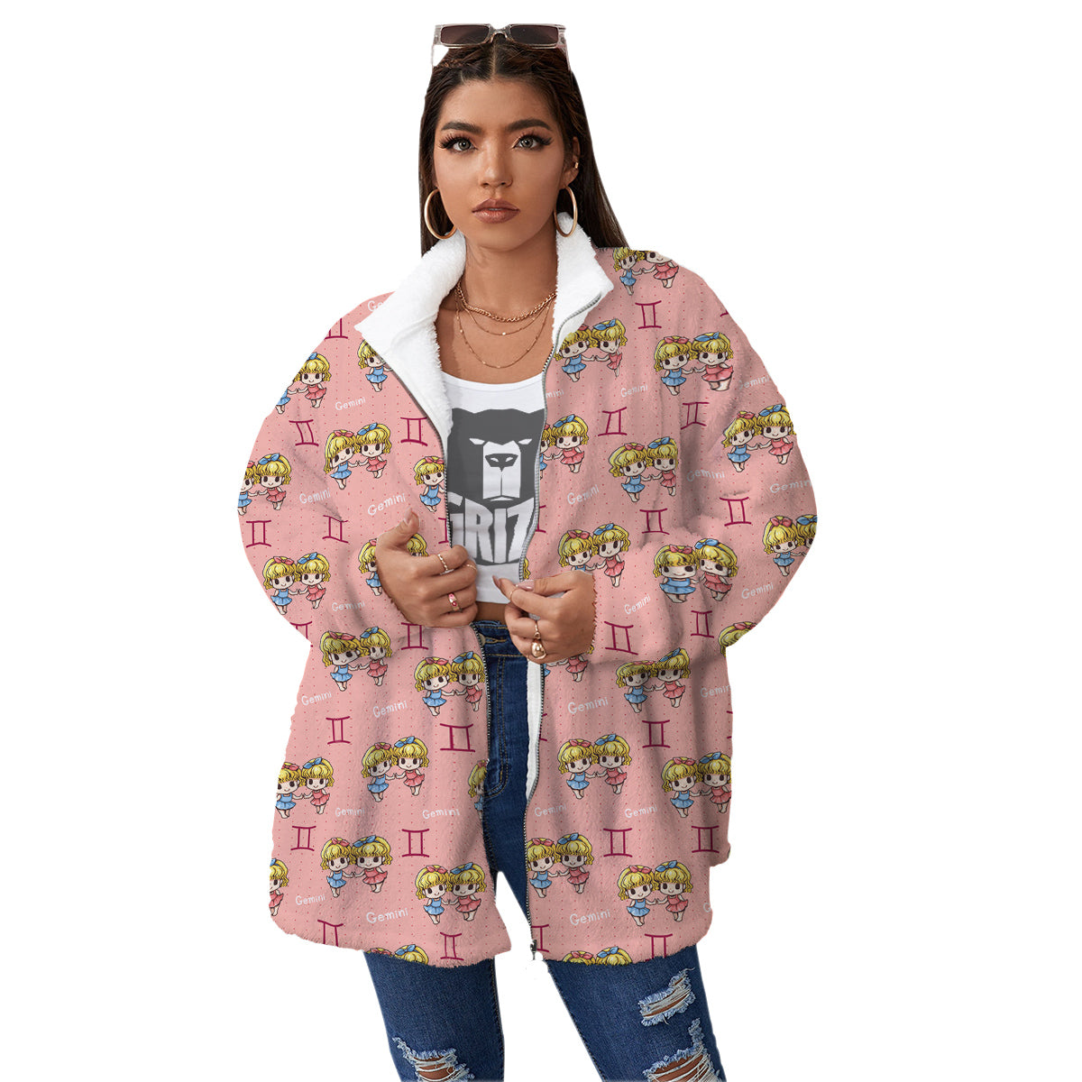 Gemini Cute Cartoon Print Pattern Women's Sherpa Jacket-grizzshop