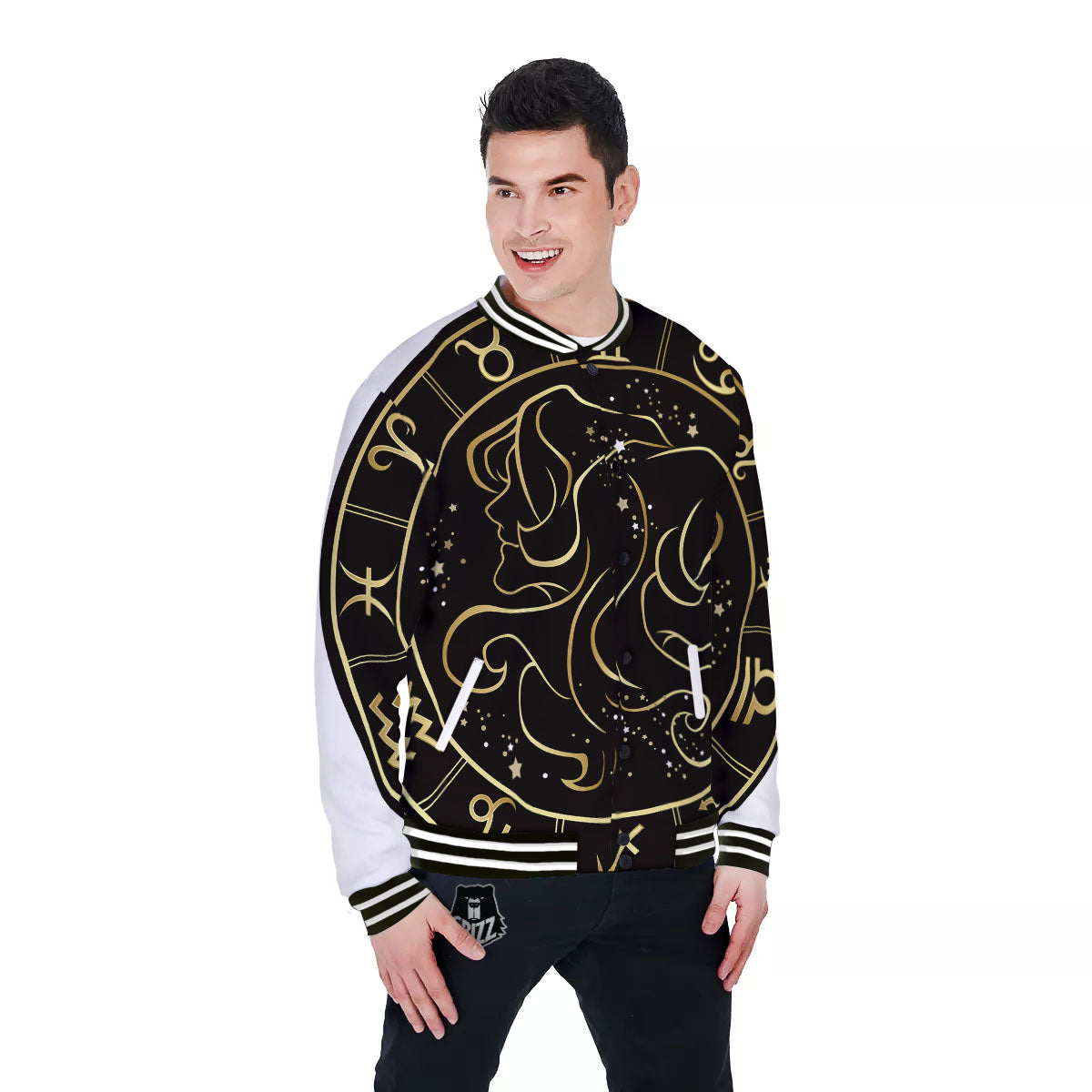 Gemini Sign Black And Gold Print Baseball Jacket-grizzshop