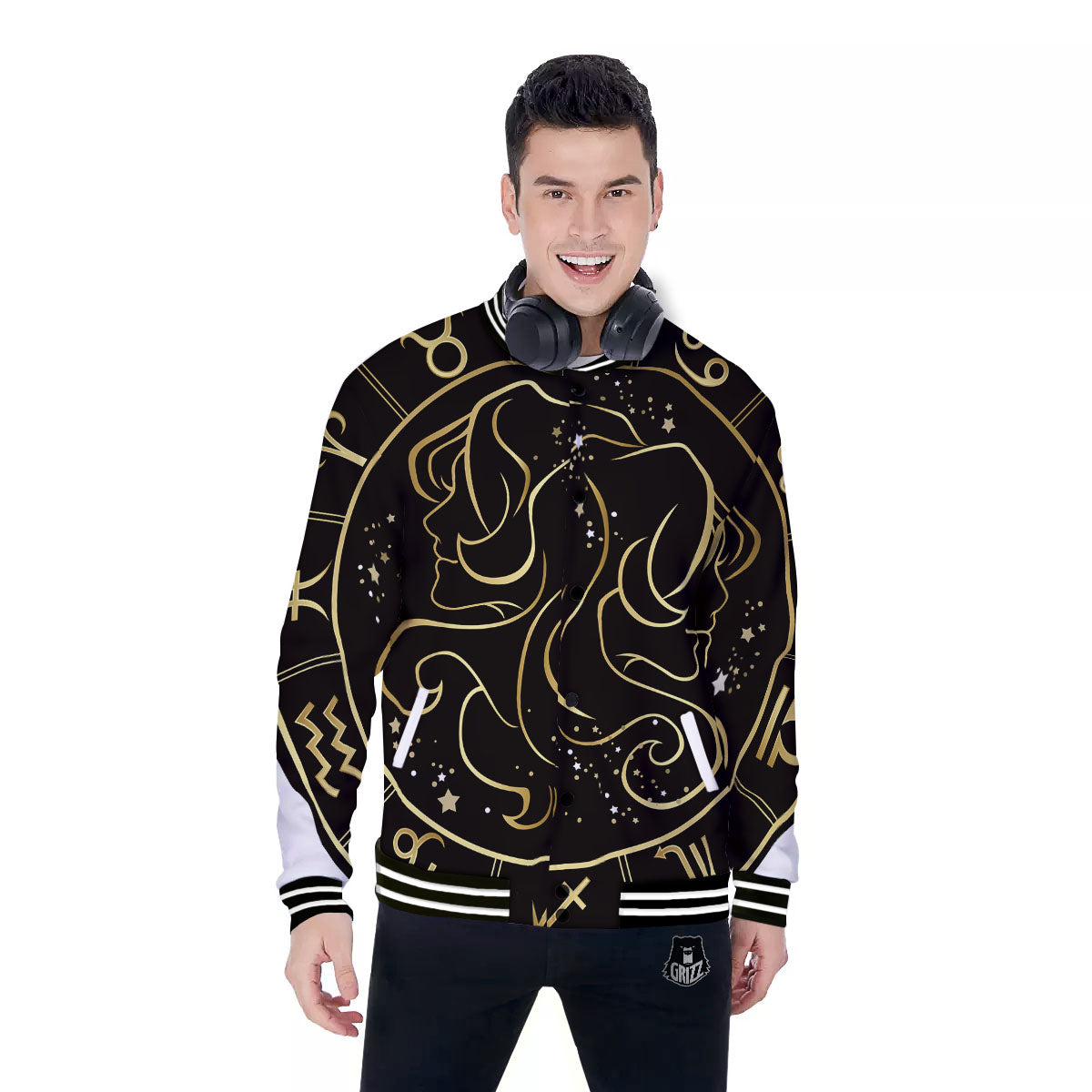 Gemini Sign Black And Gold Print Baseball Jacket-grizzshop