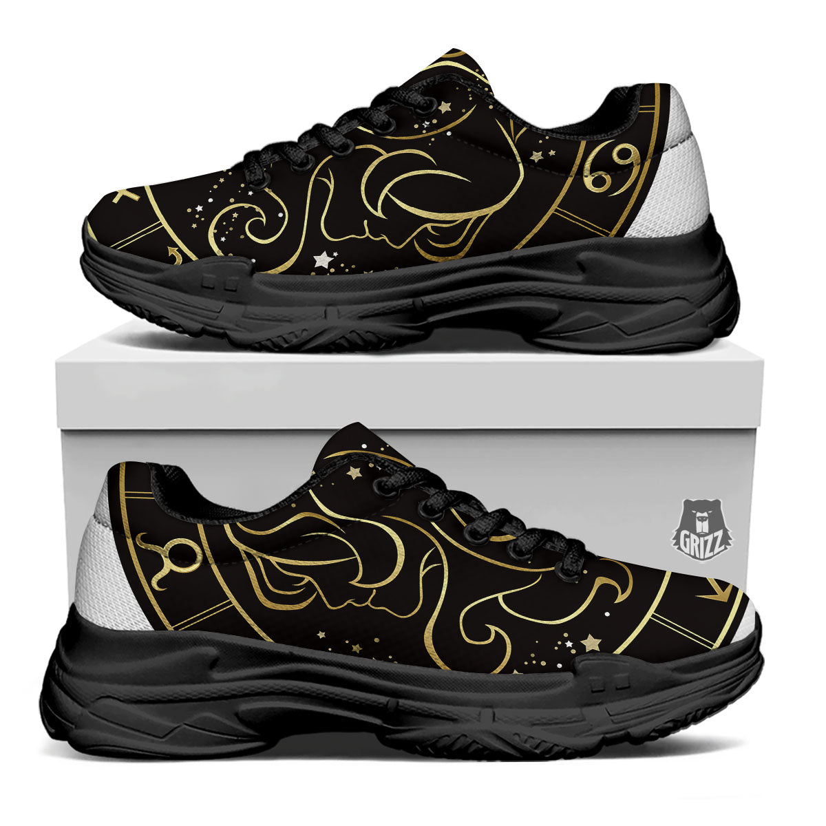 Gemini Sign Black And Gold Print Black Chunky Shoes-grizzshop