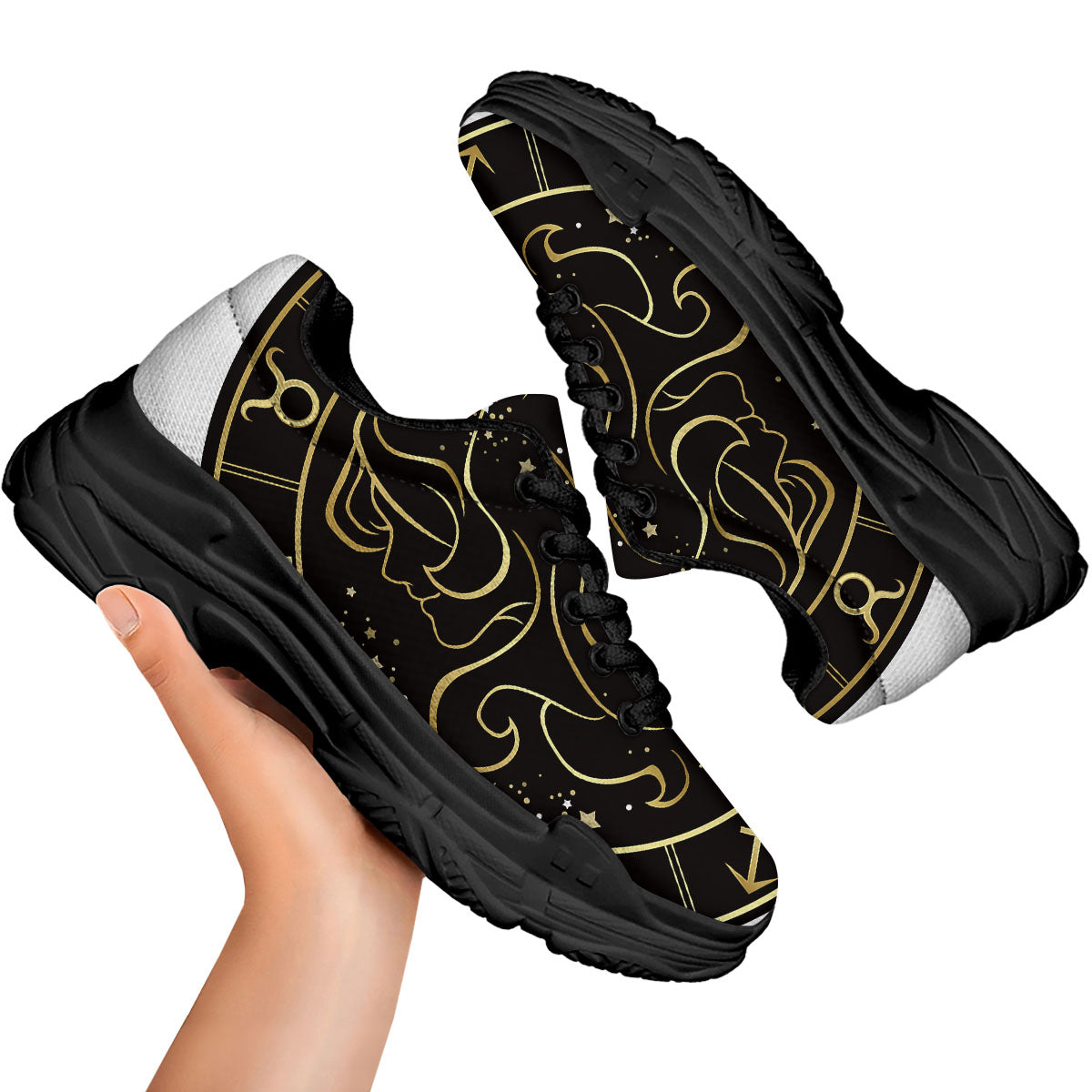 Gemini Sign Black And Gold Print Black Chunky Shoes-grizzshop