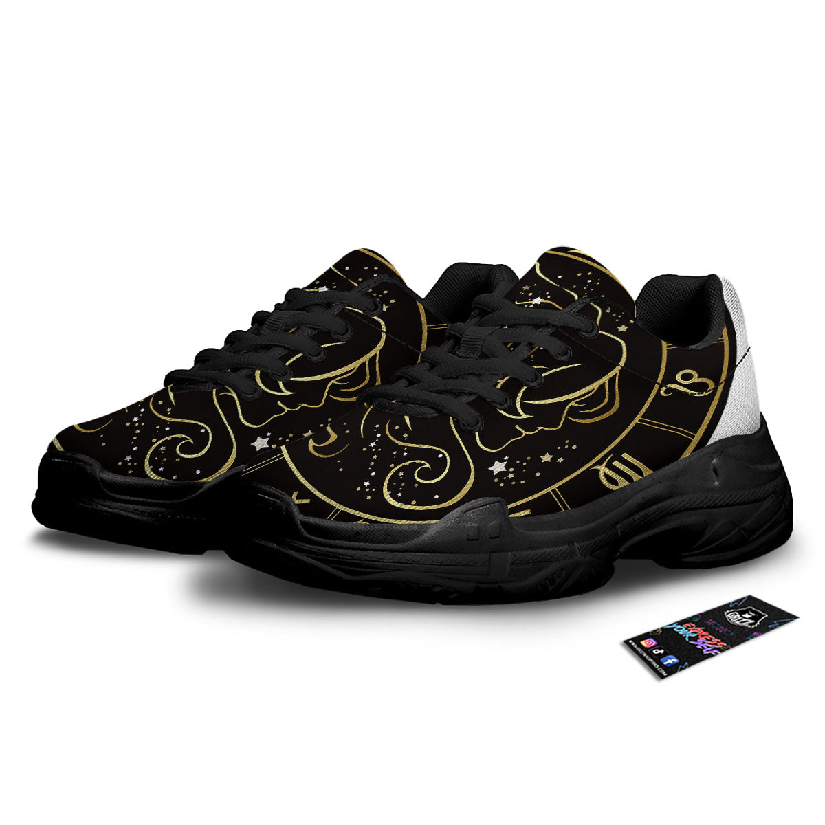 Gemini Sign Black And Gold Print Black Chunky Shoes-grizzshop