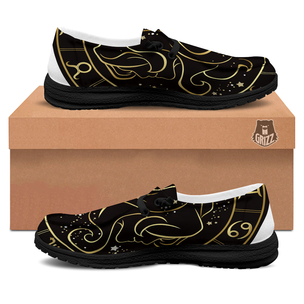 Gemini Sign Black And Gold Print Black Loafers-grizzshop
