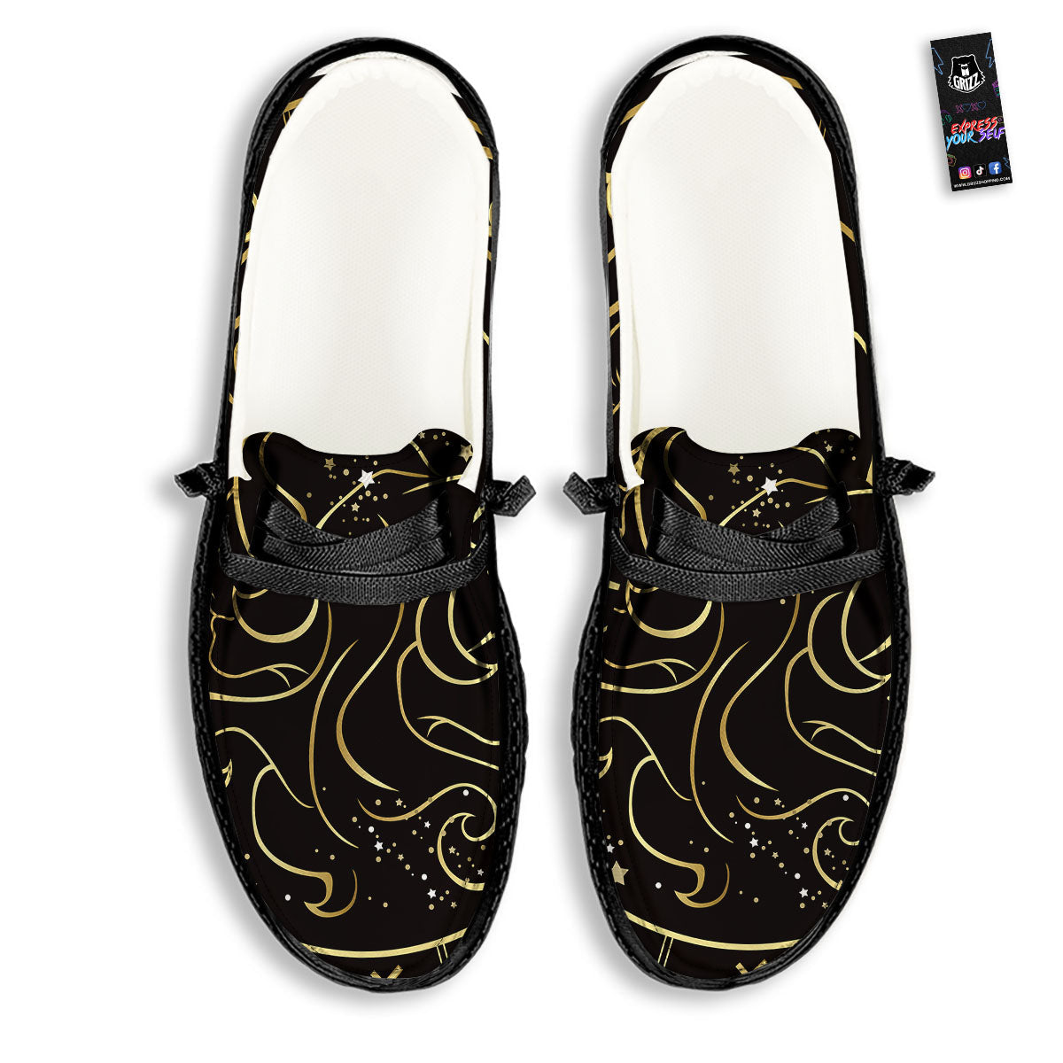 Gemini Sign Black And Gold Print Black Loafers-grizzshop
