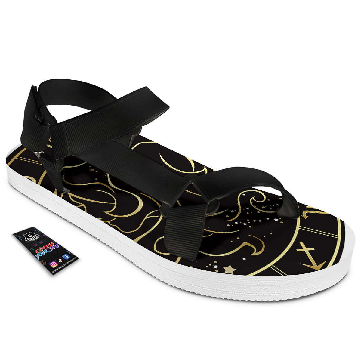 Gemini Sign Black And Gold Print Black Open Toe Sandals-grizzshop