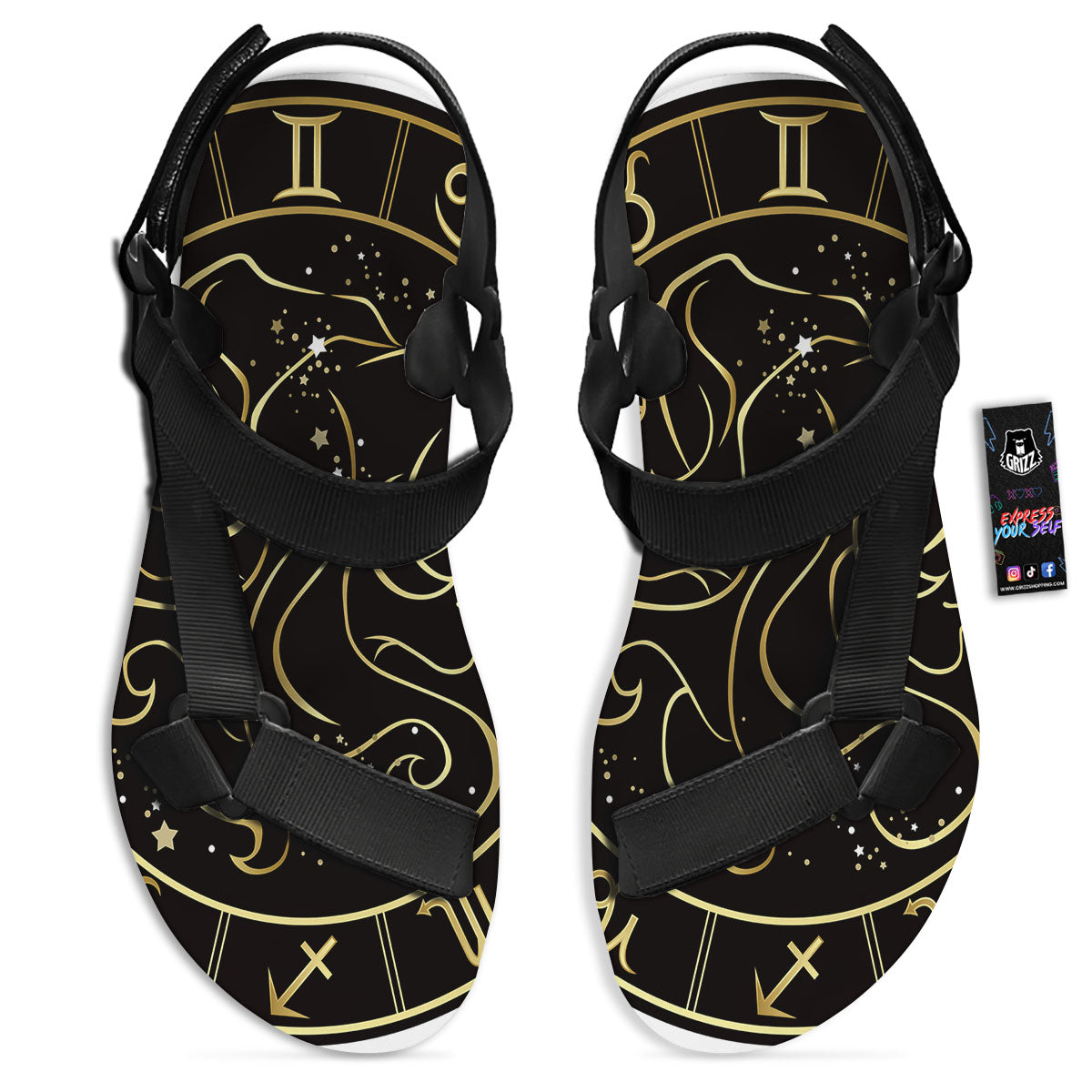 Gemini Sign Black And Gold Print Black Open Toe Sandals-grizzshop