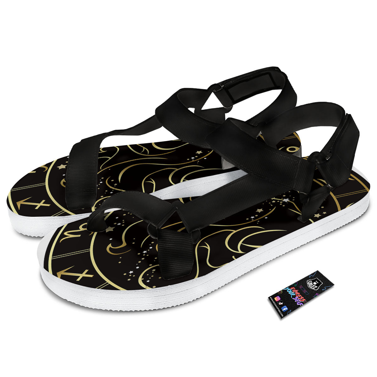 Gemini Sign Black And Gold Print Black Open Toe Sandals-grizzshop