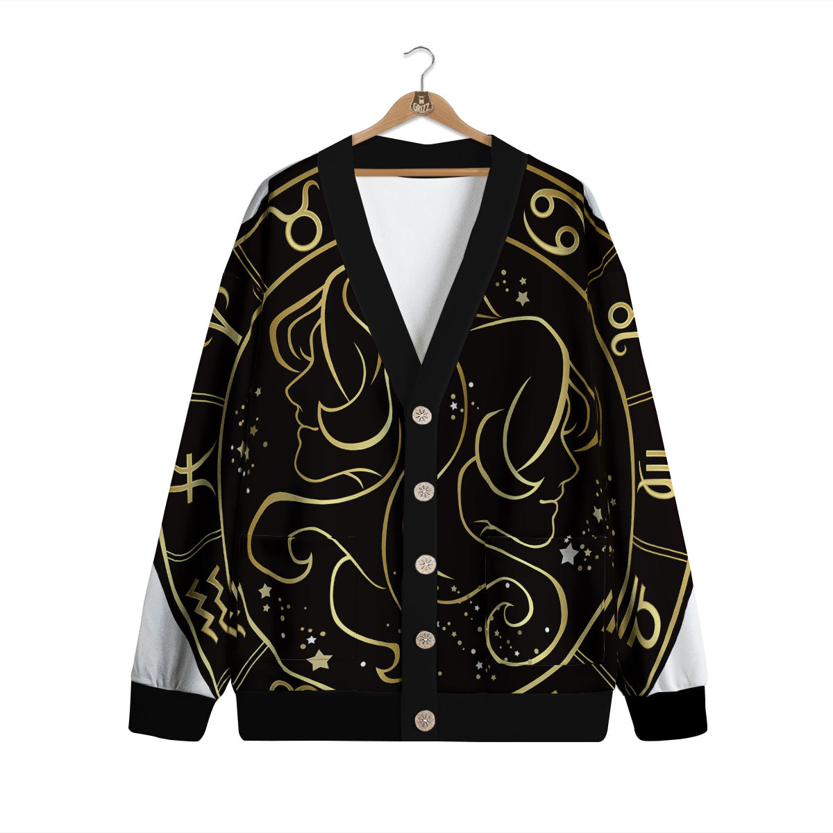 Gemini Sign Black And Gold Print Cardigan-grizzshop