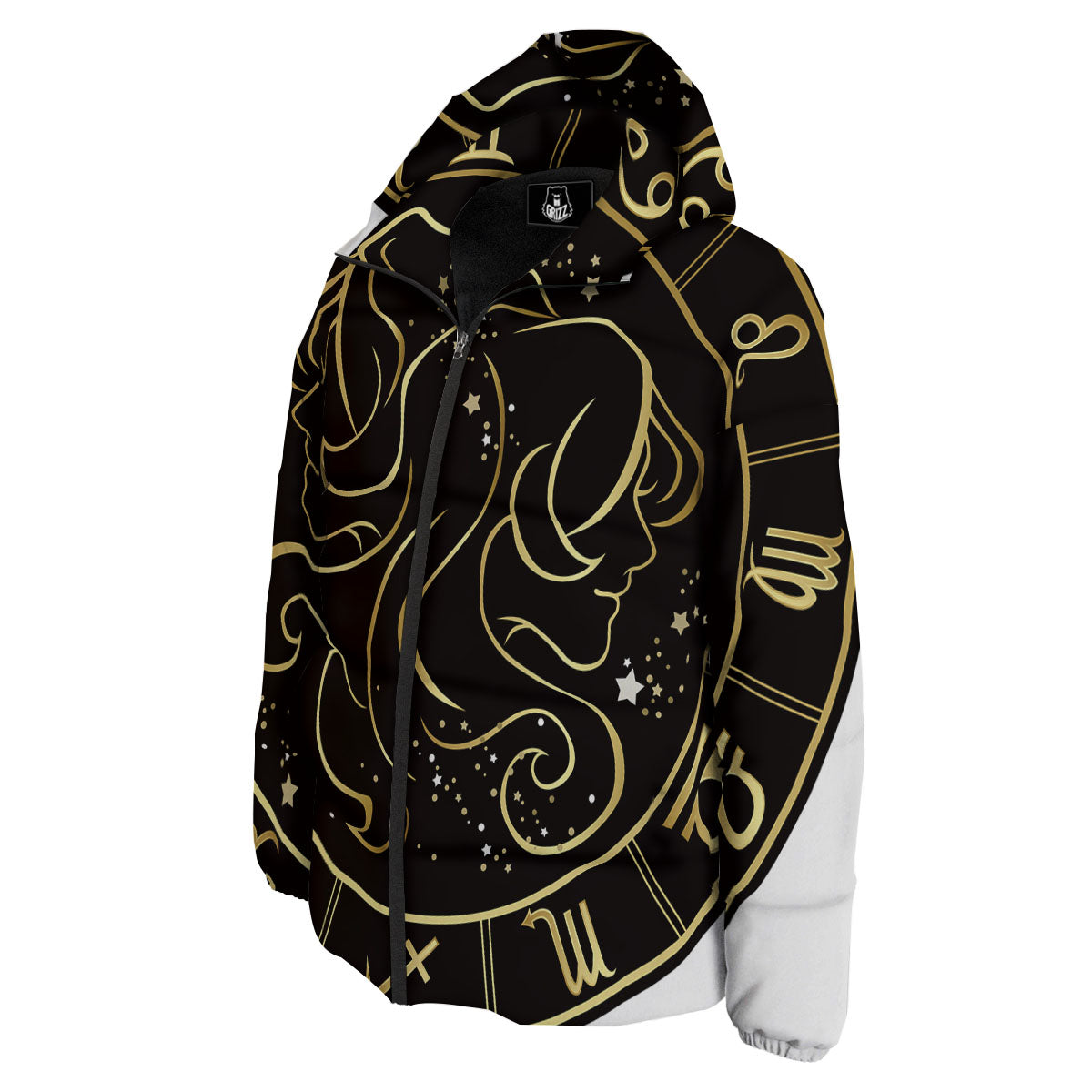 Gemini Sign Black And Gold Print Down Jacket-grizzshop
