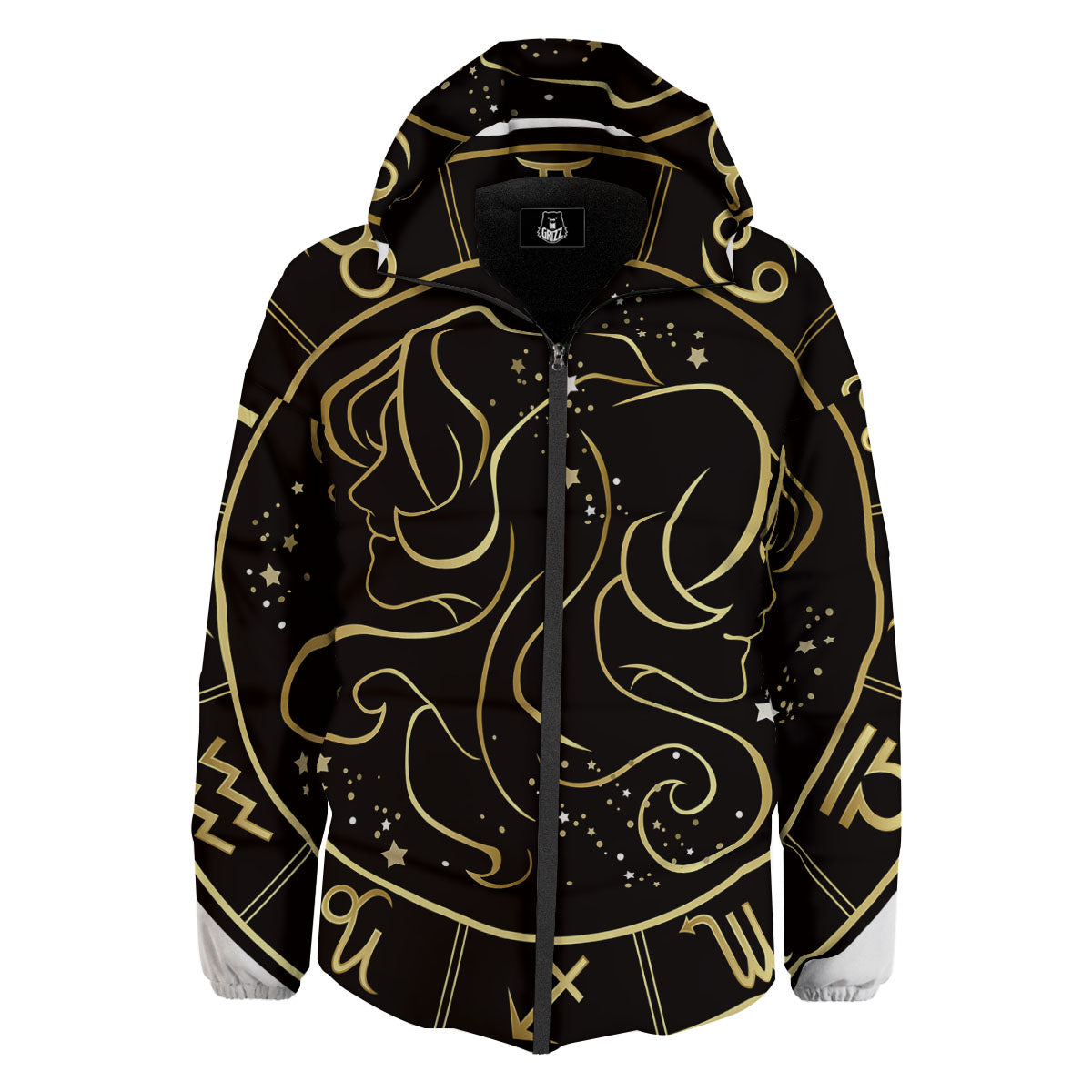 Gemini Sign Black And Gold Print Down Jacket-grizzshop