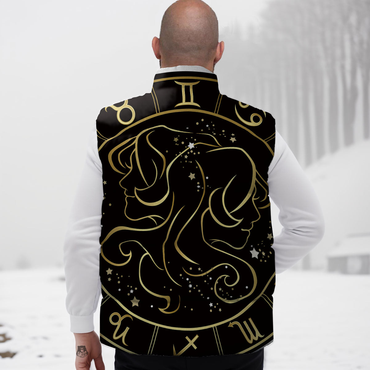 Gemini Sign Black And Gold Print Down Vest