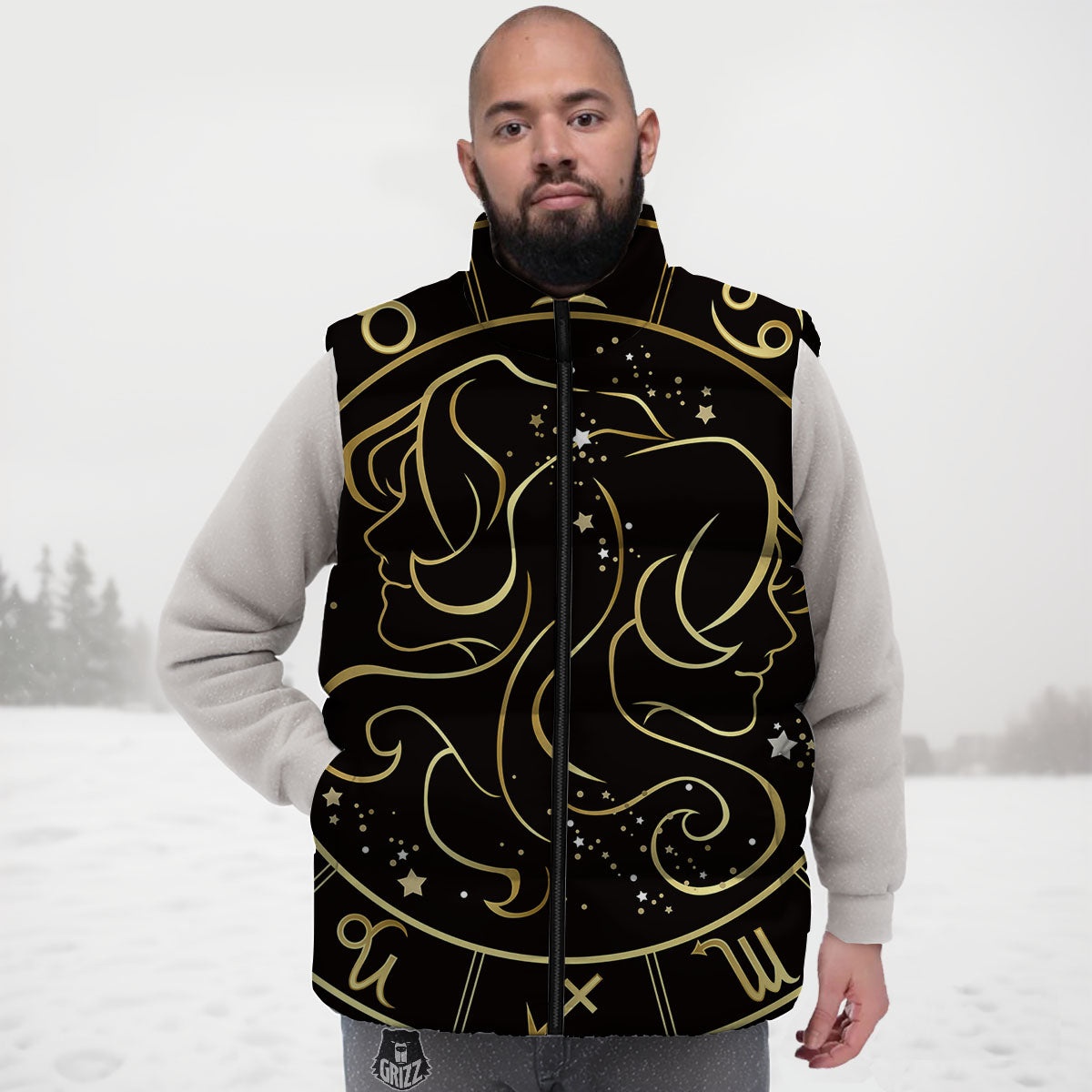 Gemini Sign Black And Gold Print Down Vest