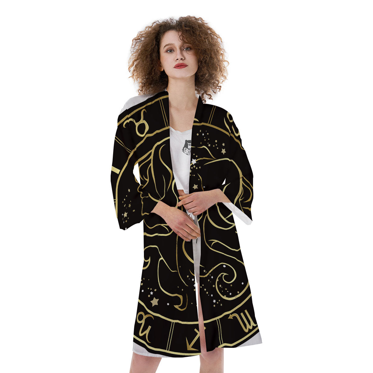 Gemini Sign Black And Gold Print Kimono-grizzshop