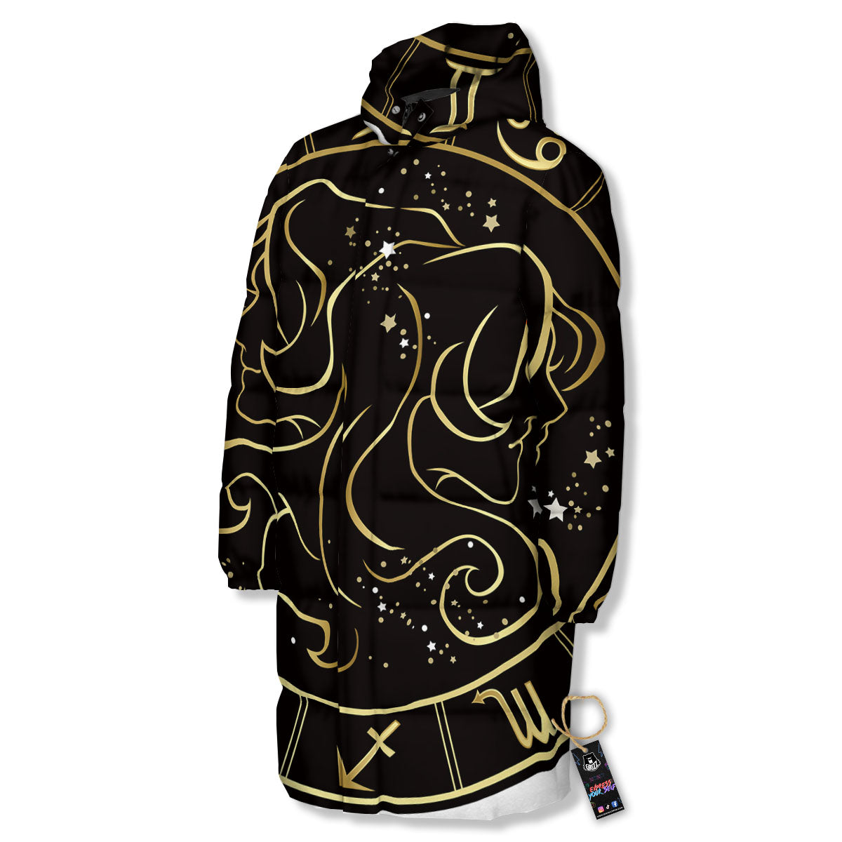 Gemini Sign Black And Gold Print Long Down Jacket-grizzshop