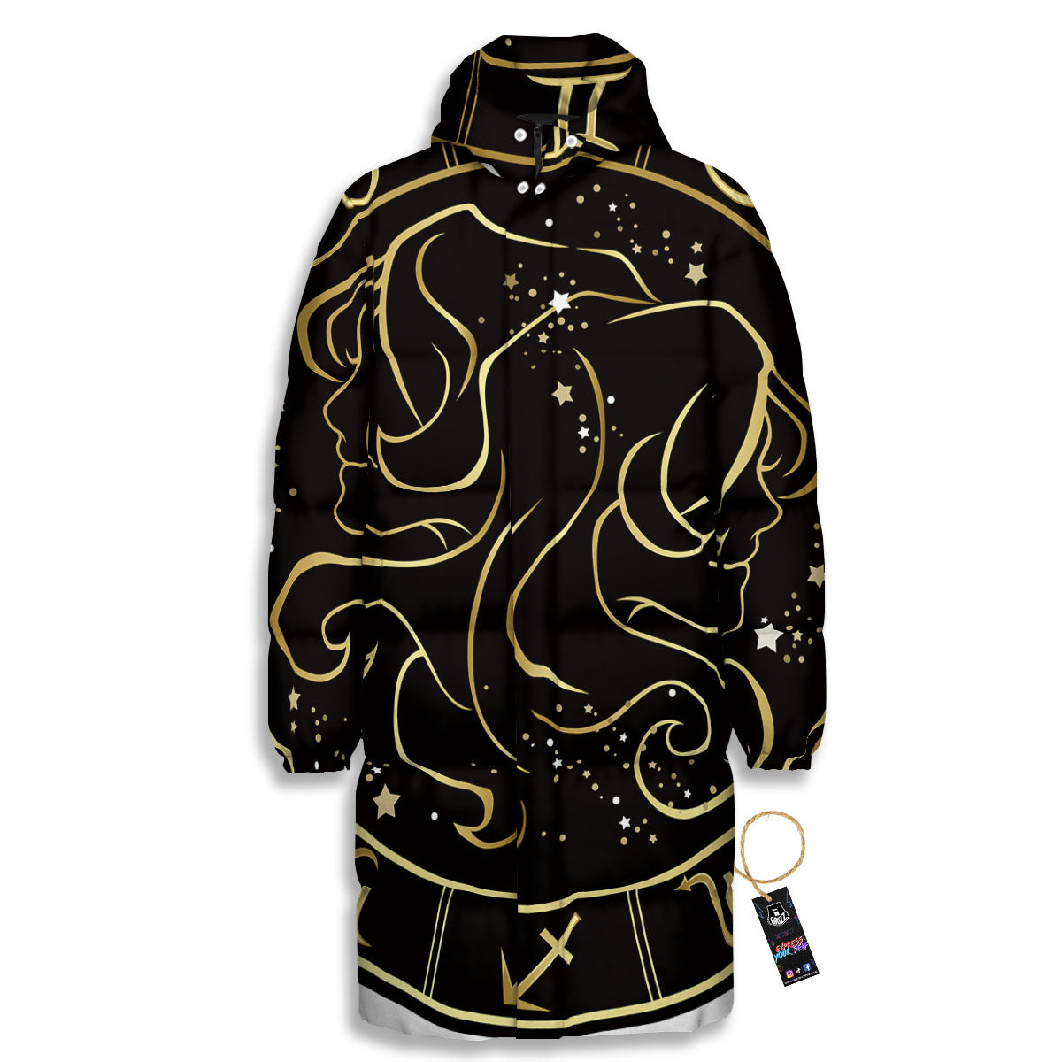 Gemini Sign Black And Gold Print Long Down Jacket-grizzshop