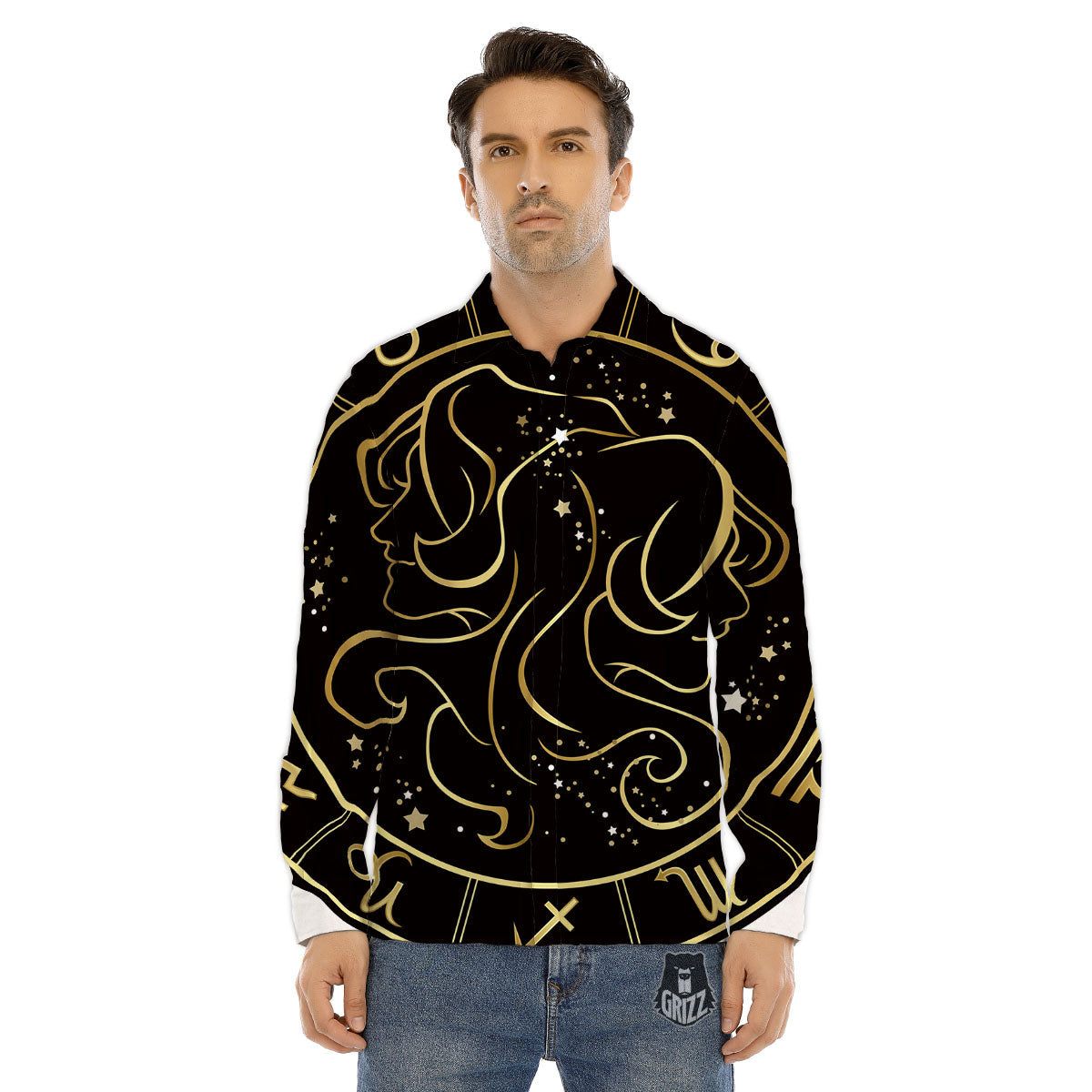 Gemini Sign Black And Gold Print Men's Dress Shirts-grizzshop