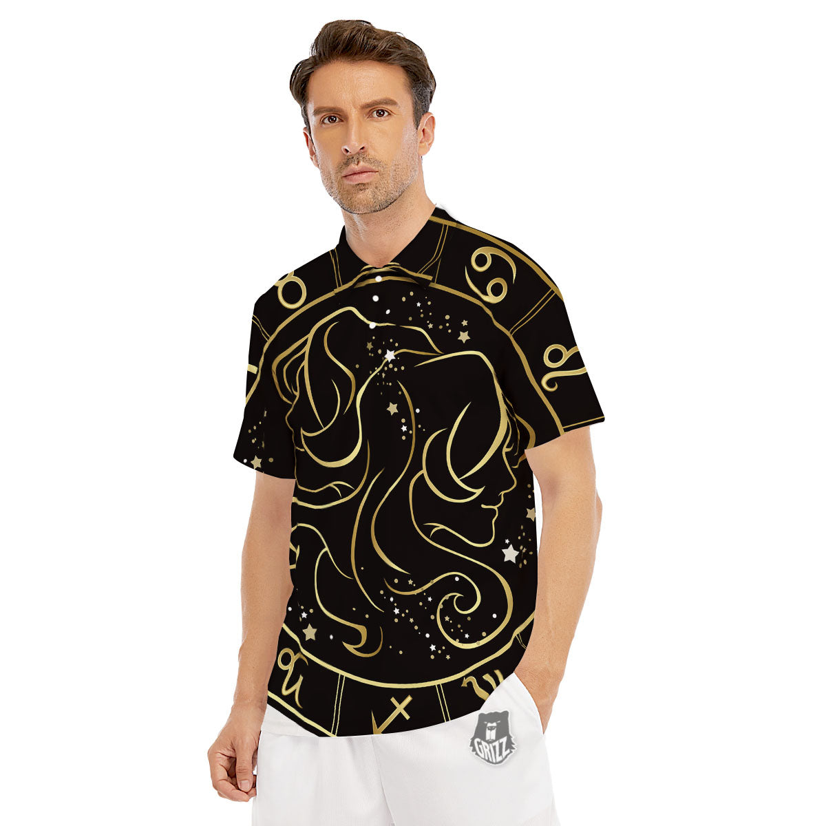 Gemini Sign Black And Gold Print Men's Golf Shirts-grizzshop
