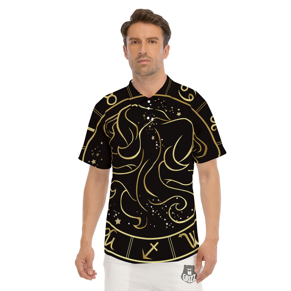 Gemini Sign Black And Gold Print Men's Golf Shirts-grizzshop