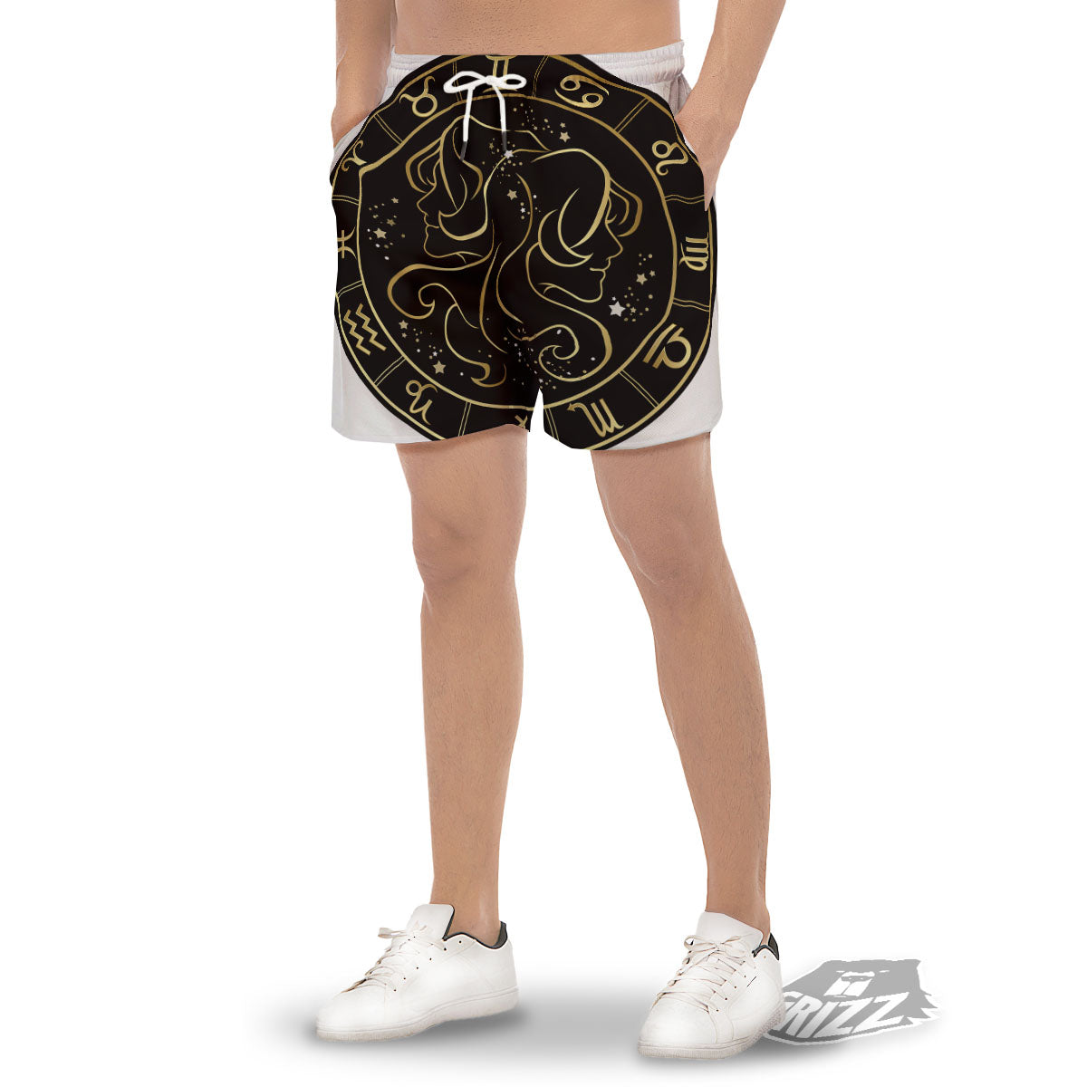 Gemini Sign Black And Gold Print Men's Gym Shorts-grizzshop