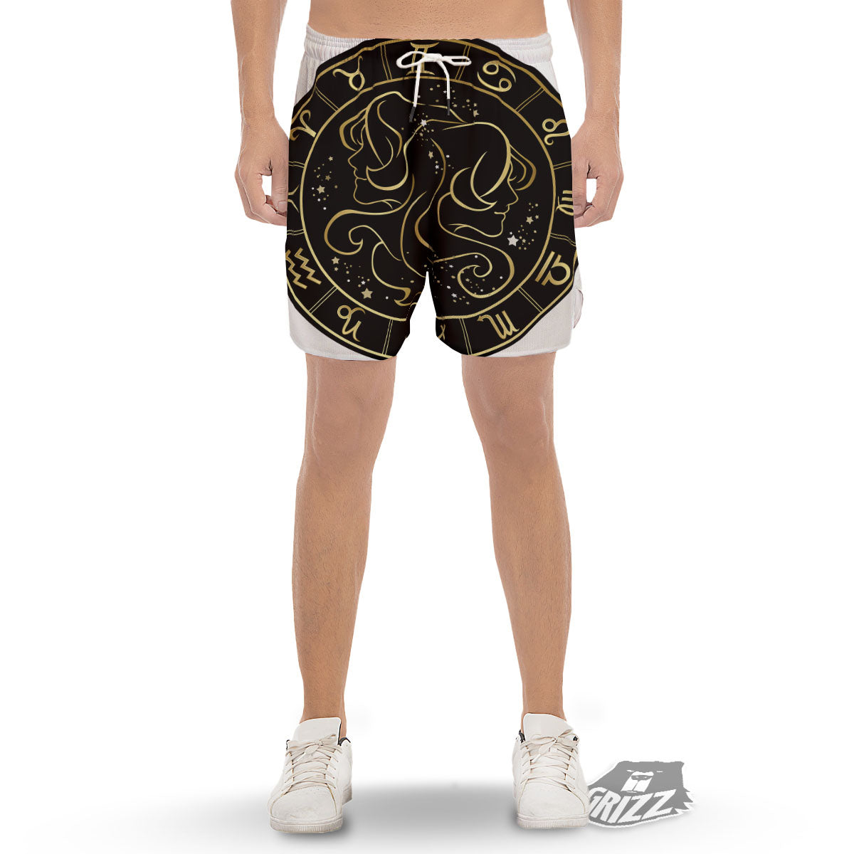 Gemini Sign Black And Gold Print Men's Gym Shorts-grizzshop