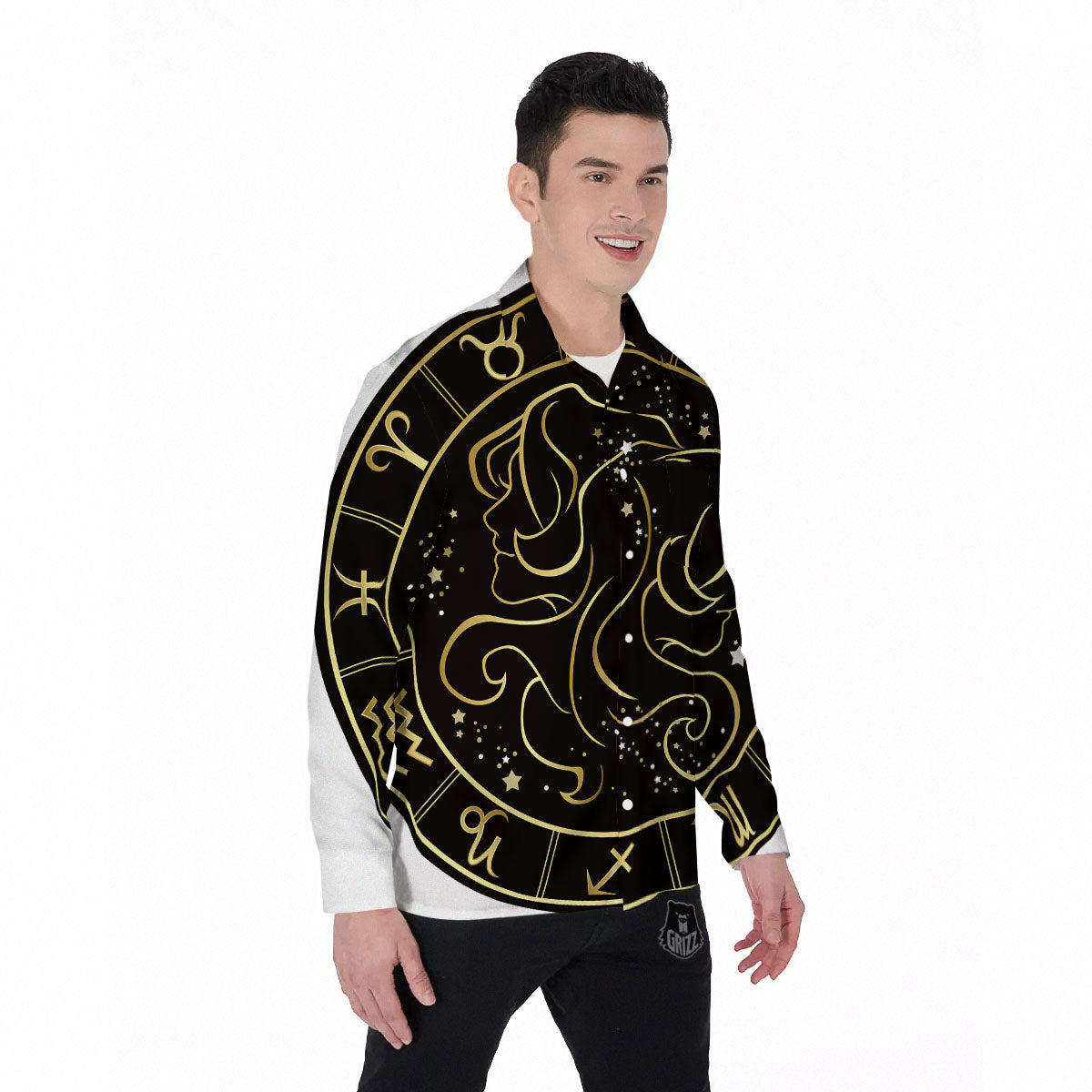 Gemini Sign Black And Gold Print Men's Long Sleeve Shirts-grizzshop
